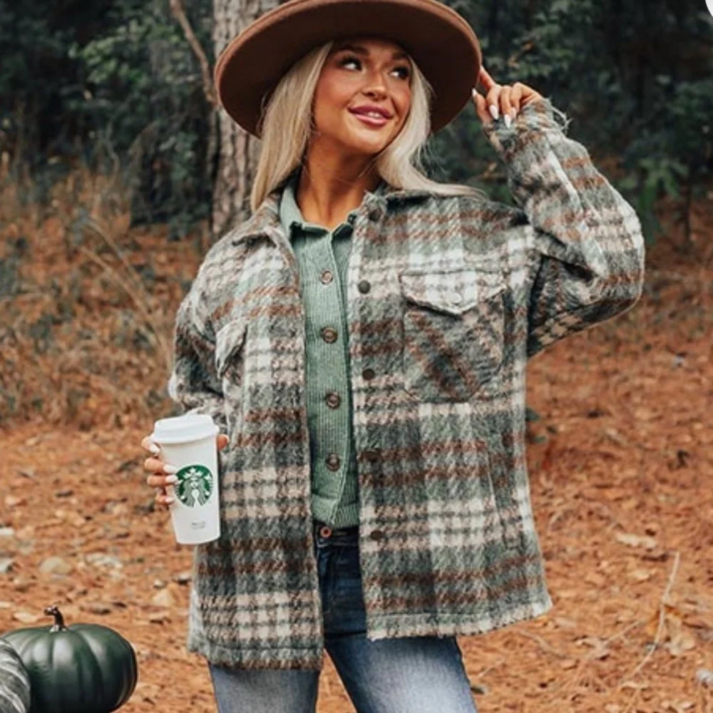 Plaid Women's Jacket in Green Brown Button Up Pockets Fall Woods Cozy Size XL
